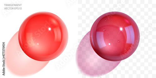 Red and crimson resin beads. Two transparent epoxy balls. Drops of blood, wine, tomato juice and red paint. 3d realistic vector blobs. Homemade glossy spheres casting light shadows. Top view photo