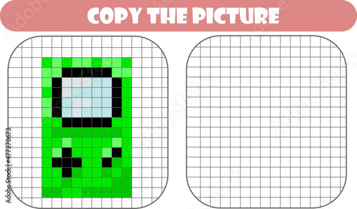 Copy the picture, pixel art, gameboy cartoon, educational game for children, kids preschool activity, printable worksheet, vector illustration