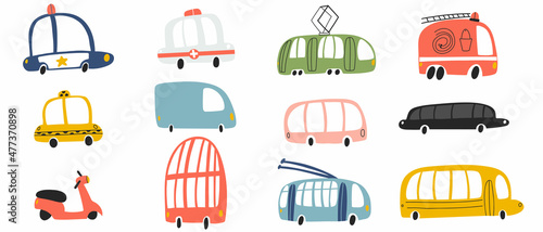 Foto Vector illustration of tram, minibus, taxi, ambulance, trolley, scooter, passeng