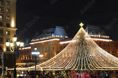 Christmas tree in the center of Moscow on Ohotny Ryad, Russia 