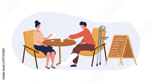 Person with disabilities in society concept. Woman with cast on broken leg sitting in cafe and drinking coffee with friend. Crutches for movement in case of injury. Cartoon flat vector illustration