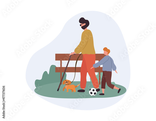 Person with disabilities in society concept. Young blind man with glasses walks in park with his son and dog using cane. Public acceptance and socialization. Cartoon flat vector illustration