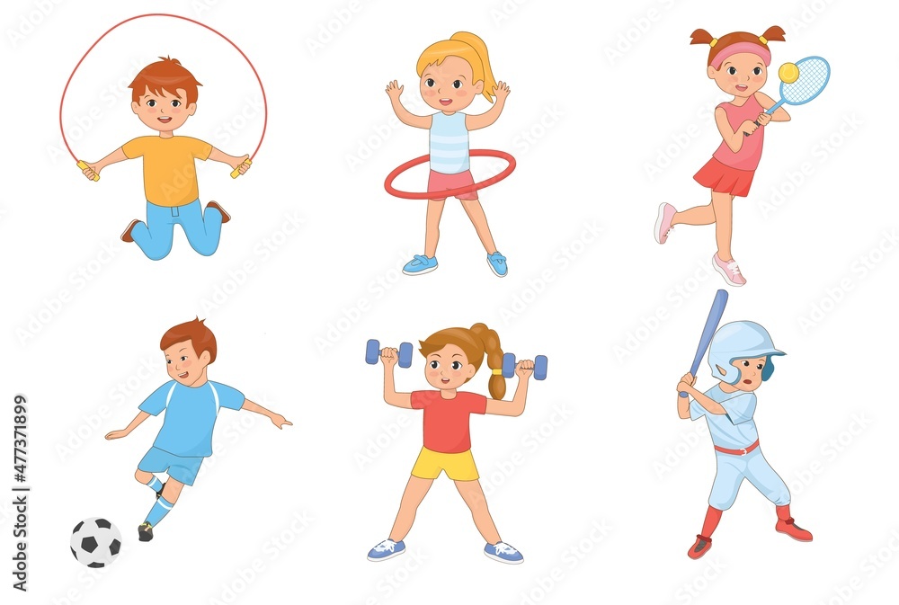 Kids exercising and playing different sports. Vector flat illustration. Kids exercising and playing different sports. Vector flat illustration.