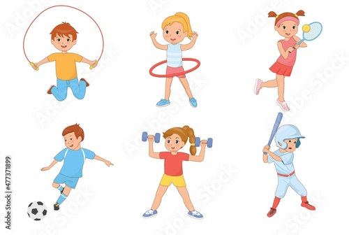 Kids exercising and playing different sports. Vector flat illustration.