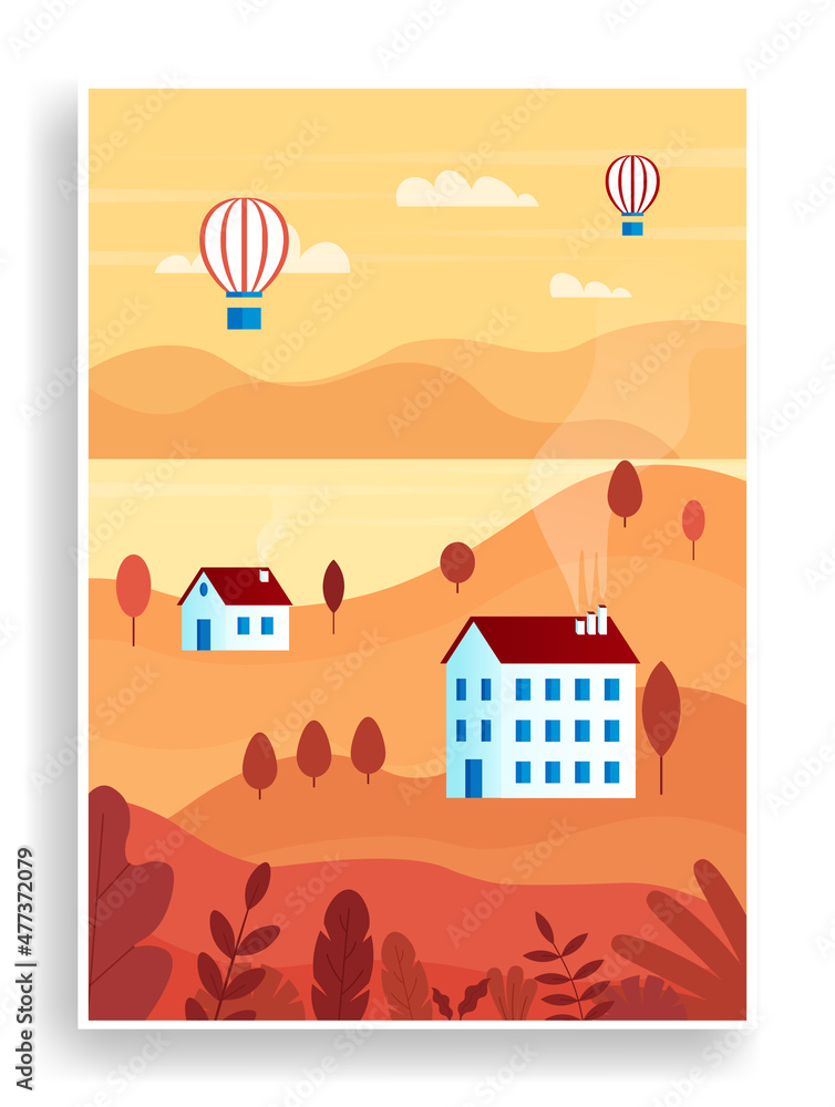 Naklejka premium Landscape with rural suburban traditional buildings. Cozy poster with houses, river, sun and balloons. Design element for postcard. Cartoon flat vector illustration isolated on white background