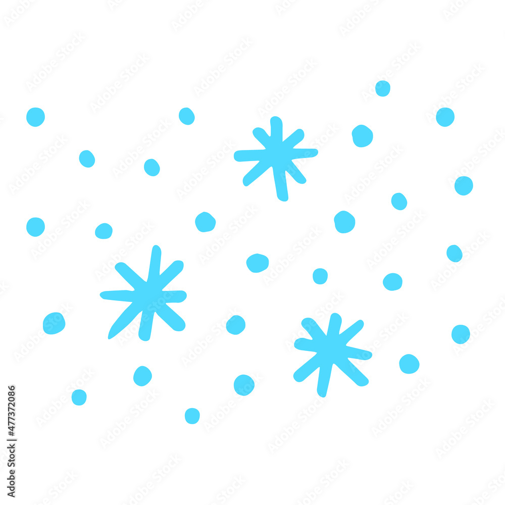 Hand drawn blue primitive snowflakes and snow on white background, flat vector Hand drawn blue primitive snowflakes and snow on white background, flat vector