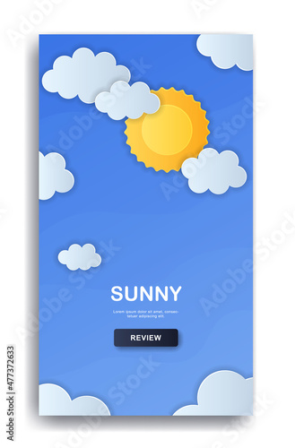 Weather conditions concept. Sunny warm day. Vertical template for weather forecast application. User interface design with sun and cloud. Cartoon flat vector illustration isolated on white background