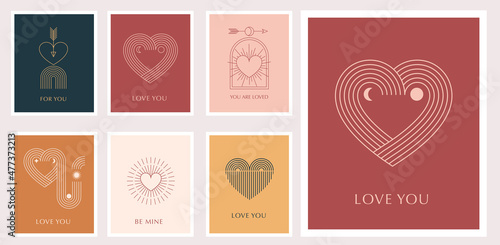 Minimalist Bohemian Valentine's day greeting cards, wall art prints. Heart, lips, sun and rainbow, design templates, geometric abstract design elements for decoration