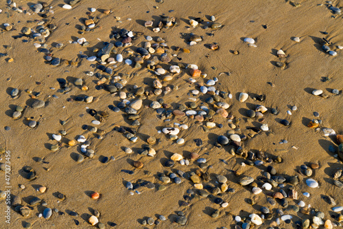 Pebble stones on wet sandy beach.