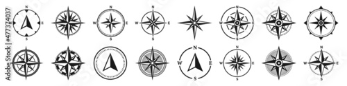 Vintage marine wind rose, nautical chart. Monochrome navigational compass with cardinal directions of North, East, South, West. Geographical position, cartography and navigation. Vector illustration.