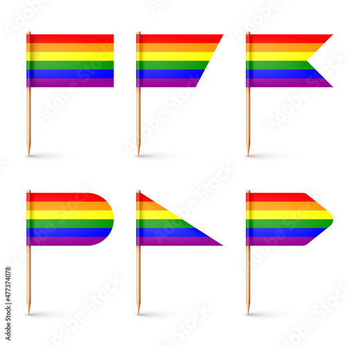 Realistic various toothpick flags. Wooden toothpicks with rainbow LGBTQ paper flag. Blank mockup for advertising and promotions. Pride month. Vector illustration