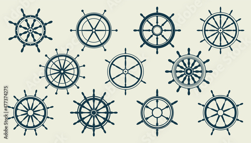Collection of vintage steering wheels. Ship, yacht retro wheel symbol. Nautical rudder icon. Marine design element. Vector illustration
