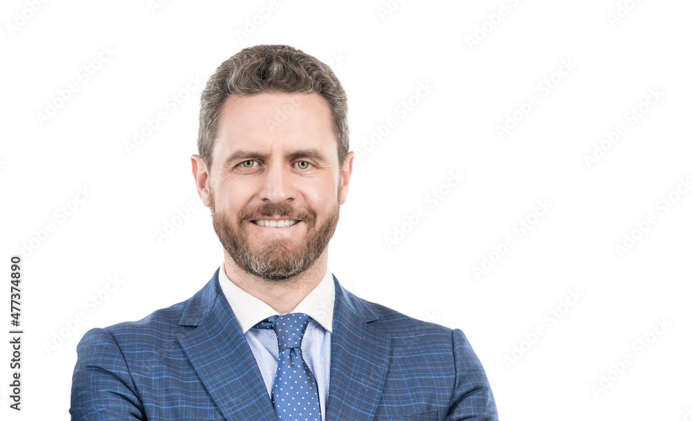 Portrait of happy manager professional man employee smiling isolated on white copy space, director Portrait of happy manager professional man employee smiling isolated on white copy space, director