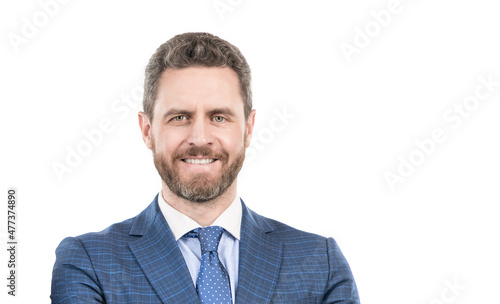 Portrait of happy manager professional man employee smiling isolated on white copy space, director