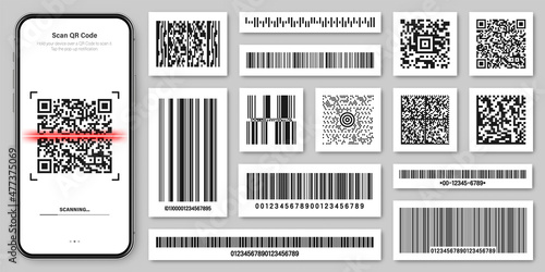 Product barcodes and QR codes. Smartphone application, scanner app. Identification tracking code. Serial number, product ID with digital information. Store, supermarket scan labels, vector price tag.