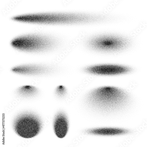 Stipple shadows set, dotted design elements. Fading gradient. Stippling, dotwork drawing, shading using dots. Pixel disintegration, halftone effect. White noise grainy texture. Vector illustration