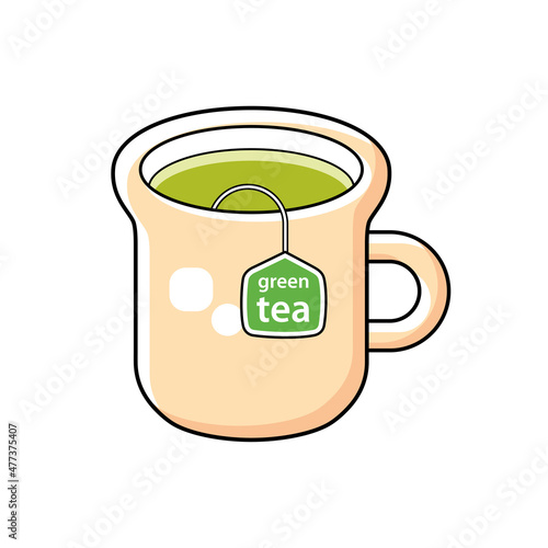 Green tea cup with tea bag label isolated cartoon vector