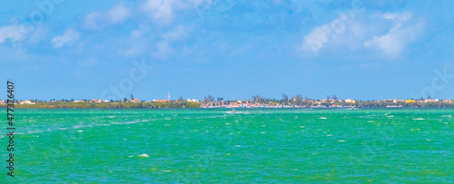 Panorama landscape view on beautiful Holbox island turquoise water Mexico.
