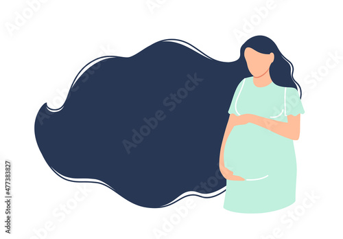 Flat pregnancy background. Beautiful Caucasian pregnant woman hold belly. Young happy expectant girl with long hair waiting for baby birth. Cute mother banner. Parenthood vector illustration.
