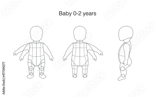 Baby(0-2years) figure: Front, Back, and side view. 
Fashion figure template for technical drawing with style lines.