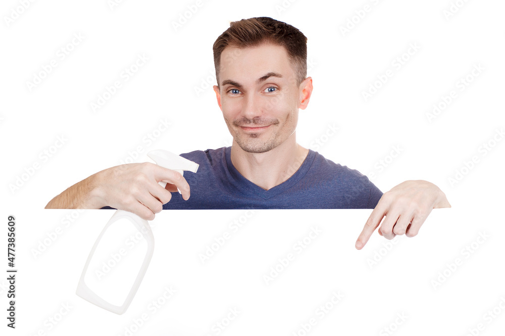 Macho hold plastic spray bottle isolated on white background. Man with water sprayer in hand. Gardening and cleaning tool. Housework or household and sanitary concept. Macho hold plastic spray bottle isolated on white background. Man with water sprayer in hand. Gardening and cleaning tool. Housework or household and sanitary concept.