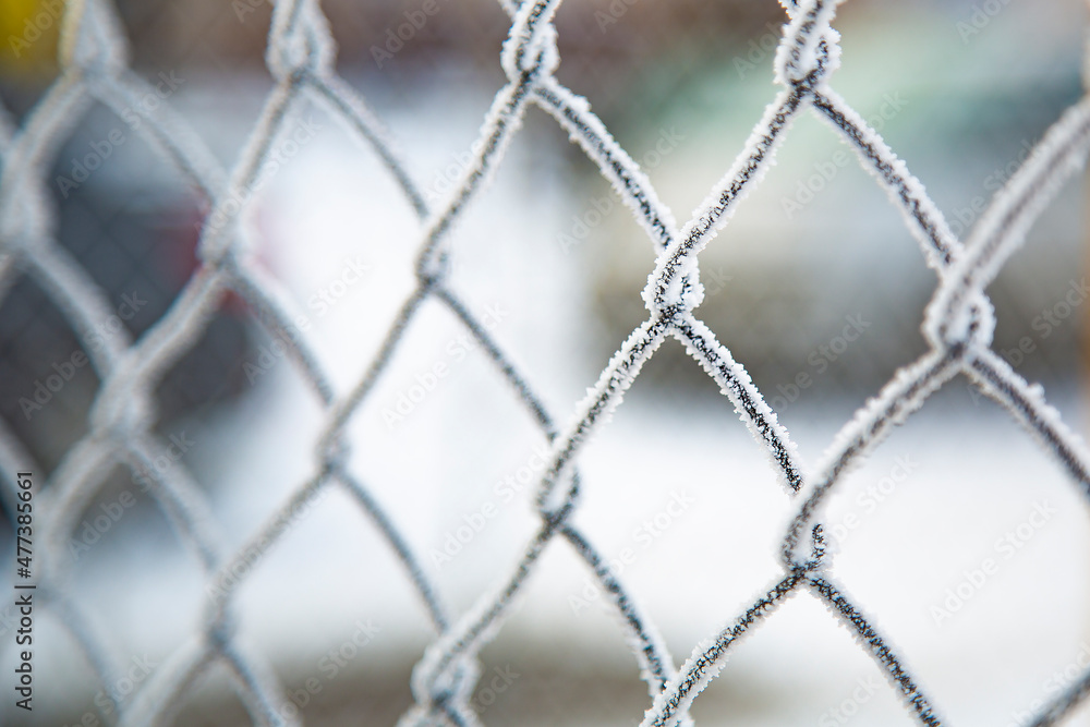 Metal fence in winter. Frost on the fence.. Winter time, frosts. Metal fence in winter. Frost on the fence.. Winter time, frosts.