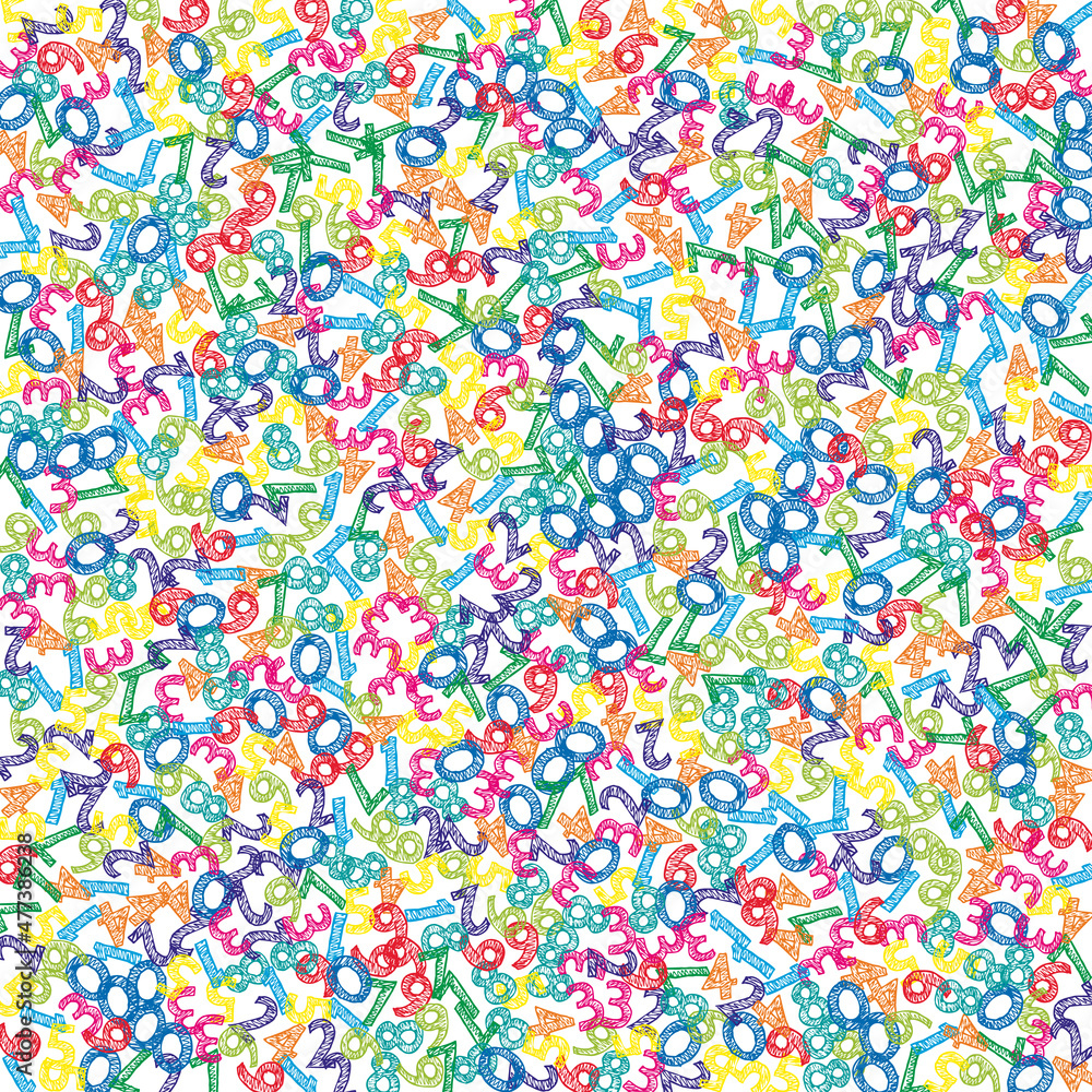 Falling colorful sketch numbers. Math study concept with flying digits. Adorable back to school mathematics banner on white background. Falling numbers vector illustration. Falling colorful sketch numbers. Math study concept with flying digits. Adorable back to school mathematics banner on white background. Falling numbers vector illustration.