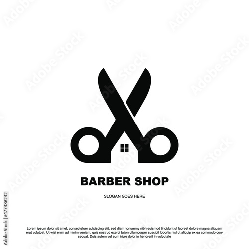 Creative barbershop logo design. Scissor and house vector