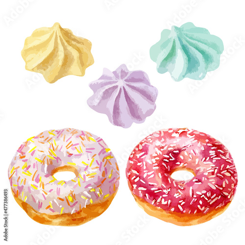 Vector watercolor illustrations of colorful donuts with glaze and sprinkles and meringue