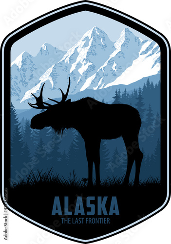 Alaska vector label with moose bull and mountains woodland forest