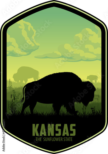 Kansas vector label with buffalo bison and grassland