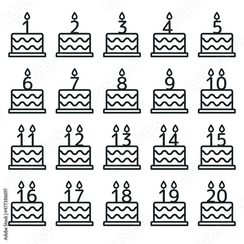 Birthday cake lined icons set with candle  numbers. photo