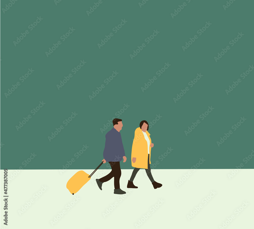 Obraz premium Man and woman with traveling bag. Romantic vacation, summer holidays, honeymoon, world travel. Travelling couple going to go on vacation.