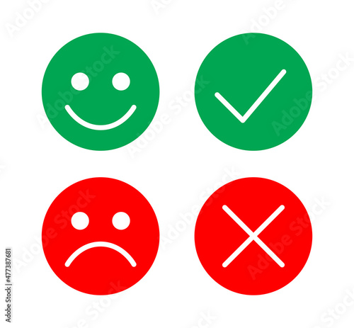 Check mark and cross icon. Green and red good and bad emoticon.