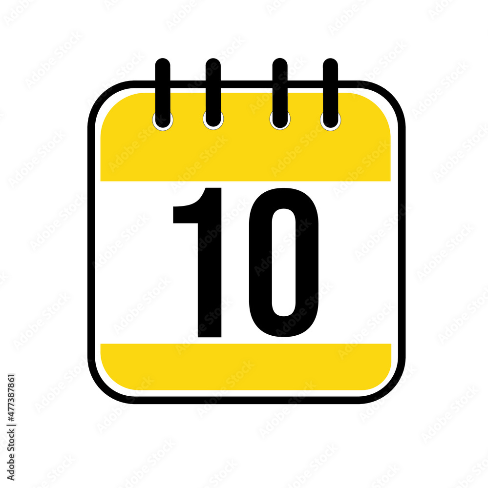 Calendar day 10. Number ten on a white paper with yellow border on white background. Vector ilustration. Calendar day 10. Number ten on a white paper with yellow border on white background. Vector ilustration.