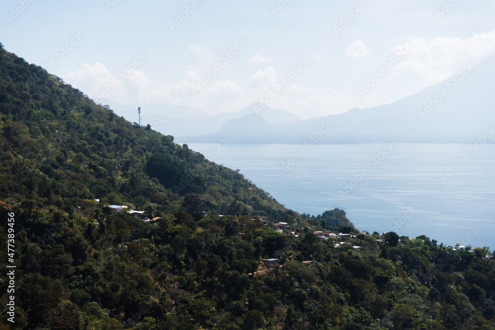 Landscape view of volcanoes at Lake Atitlan, Guatemala. 