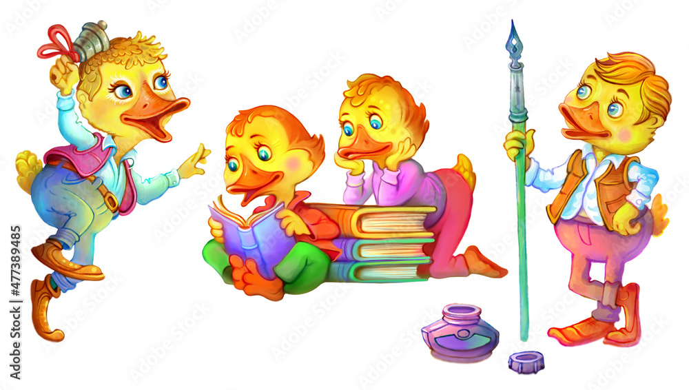 Ducklings with bell, books and fountain pen