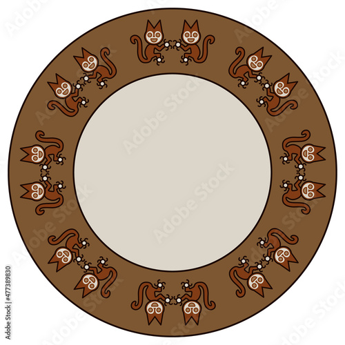 Round animal design or frame with fantastic funny animals. Cats or squirrels. Paracas textile motif. Native American ethnic art of ancient Peru.