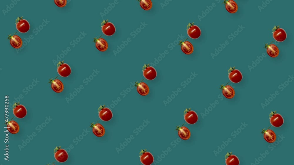 Colorful pattern of fresh rotating red tomatoes. Seamless pattern with cherry tomato. Realistic animation. 4K video motion Colorful pattern of fresh rotating red tomatoes. Seamless pattern with cherry tomato. Realistic animation. 4K video motion