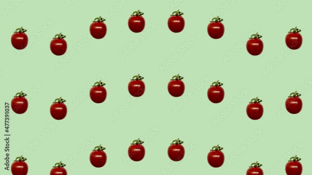 Colorful pattern of fresh red tomatoes. Seamless pattern with cherry tomato. Pop art design. Realistic animation. 4K video motion Colorful pattern of fresh red tomatoes. Seamless pattern with cherry tomato. Pop art design. Realistic animation. 4K video motion
