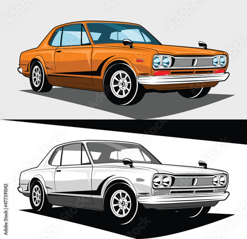 Japanese Classic Sport Car Orange Black and White Vector 1
