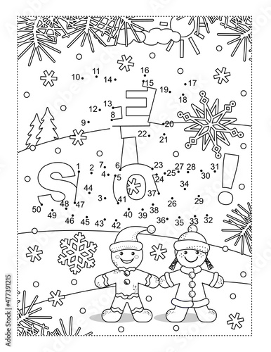 "Let it snow!" - full-page winter or winter holidays hidden or secret message dot-to-dot puzzle and coloring page
