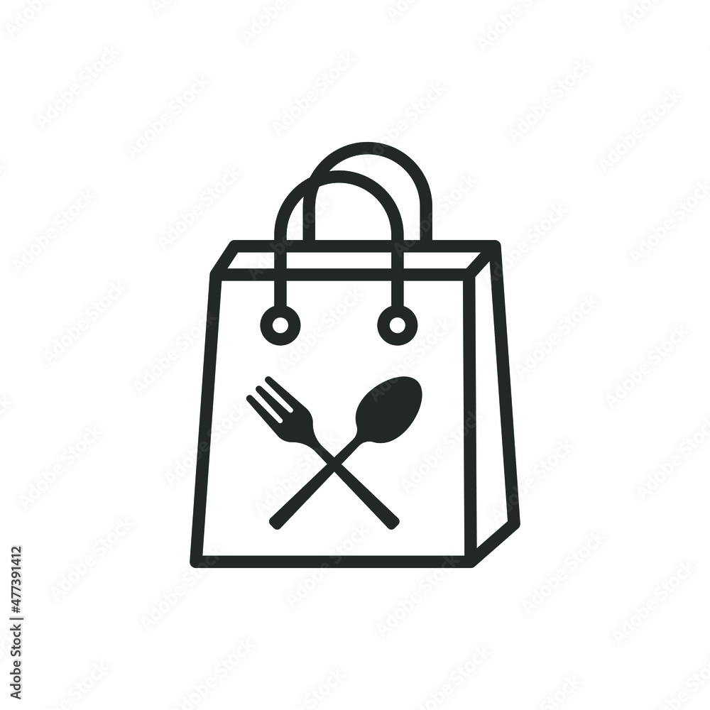 Take away food. Spoon and fork on paper bag icon design isolated on white background. Vector illustration