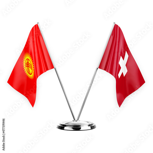 Two table flags isolated on white background 3d illustration, kyrgyzstan and switzerland