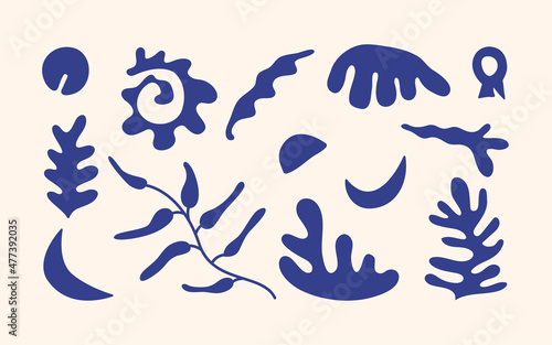 Set of blue hand-drawn sea shapes in Matisse style on white background. 