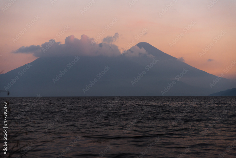 Volcano sunset on Lake Atitlan in Guatemala. 
