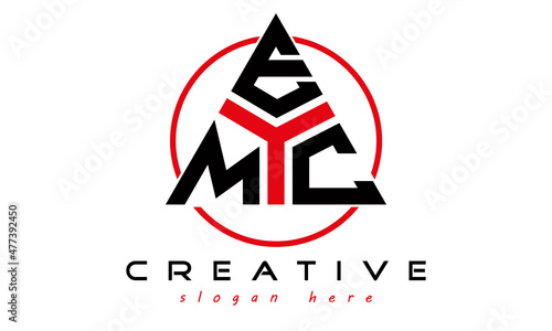 triangle badge with circle MEC letter logo design vector, business logo, icon shape logo, stylish logo template