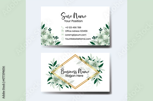Business Card Template White Lily Flower .Double-sided Blue Colors. Flat Design Vector Illustration. Stationery Design