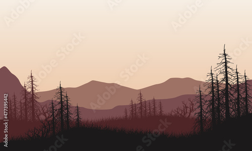 The beautiful view of the mountains with the silhouette of dry trees from the countryside at dusk in the afternoon.