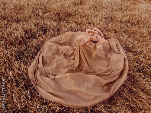 Top view of woman in big brown dress standing in wheat field photo